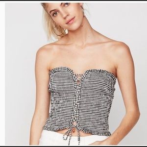 Express Strapless Gingham Black and White Lace-Up Stretch Smocked Tube Top